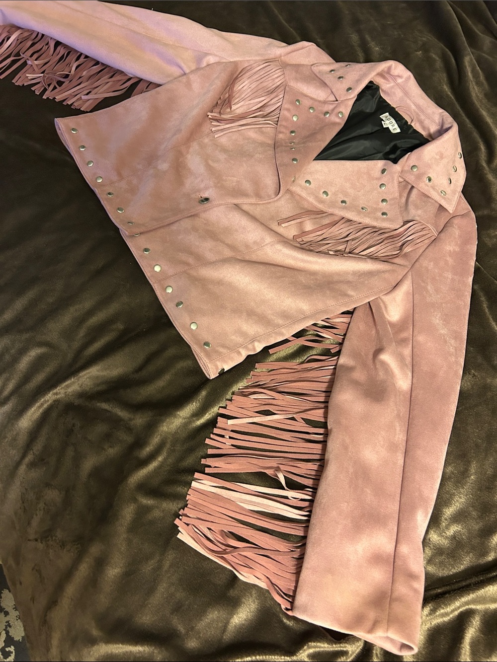 Adore Dusty Pink Faux Suede Fringe Moto Jacket with Studs - Picture 7 of 13